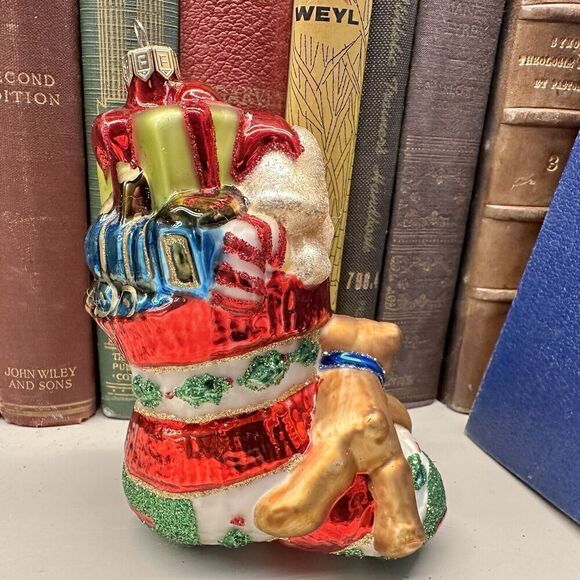 Fitz and Floyd Vintage Christmas Stocking w Toys Glass Ornament 2 Sided Tree Dec - Picture 8 of 8